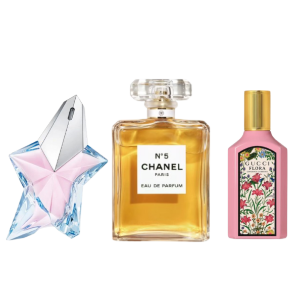 Coffret Luxe Floral - Angel de Mugler, Flora Gorgeous Gardenia de Gucci et Chanel N°5 de Chanel