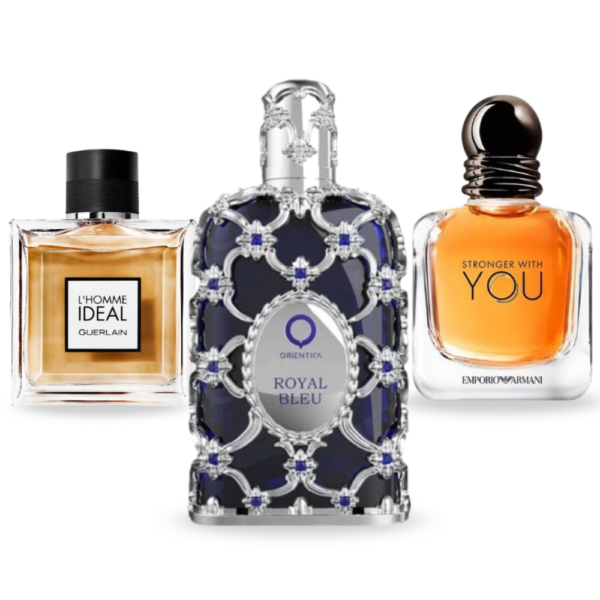 Coffret Élégance Intense - Royal Bleu de Orientica, L’Homme Idéal L’Intense de Guerlain et Stronger With You de Giorgio Armani [100 ml]