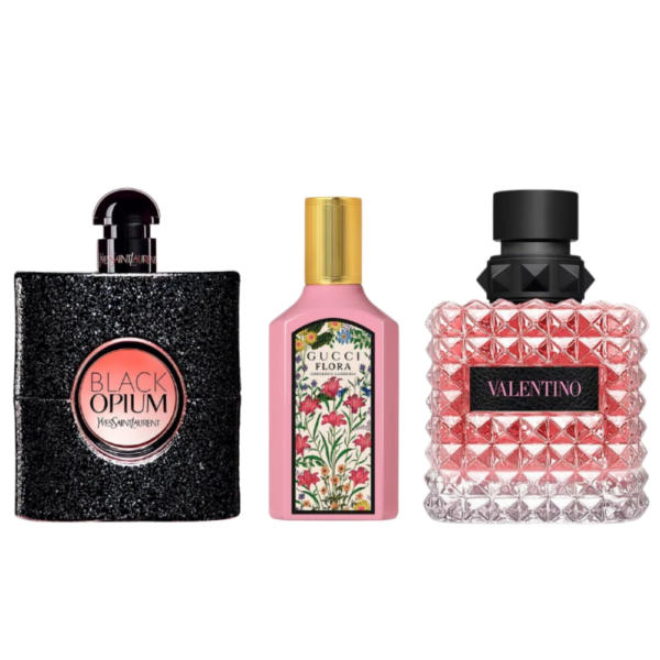 Coffret Élégance Contemporaine - Flora Gorgeous Gardenia de Gucci, Black Opium de Yves Saint Laurent et Donna Born in Roma de Valentino [100 ml]